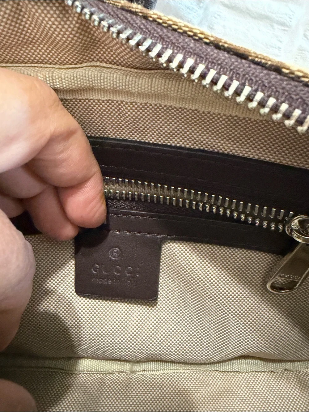 Gucci Beige Canvas Interior Crossbody with Brown Leather Trim
